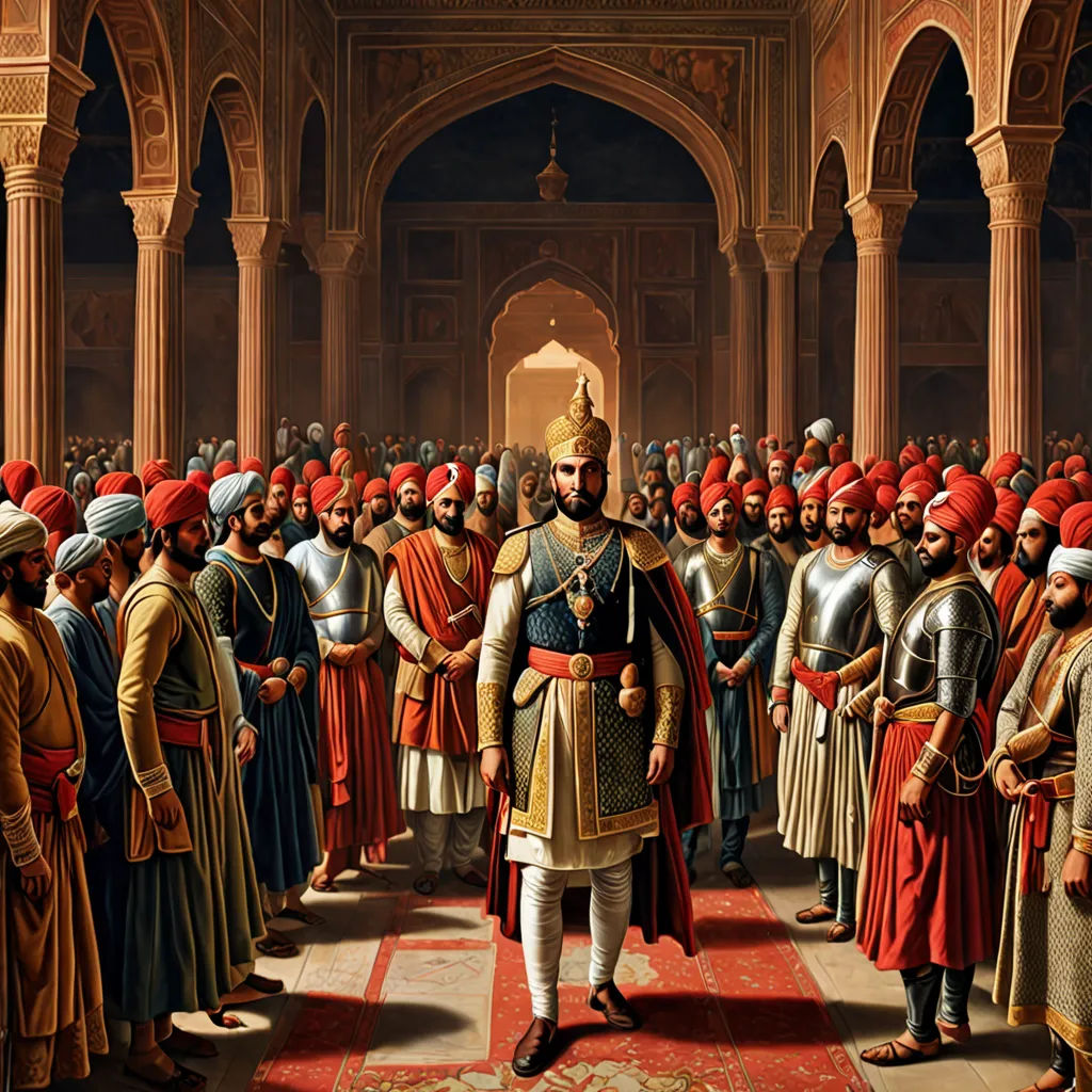a painting of a man in a military uniform surrounded by other men in uniform and in a hall with arches, qajar art, a detailed painting, Altoon Sultan, detailed painting