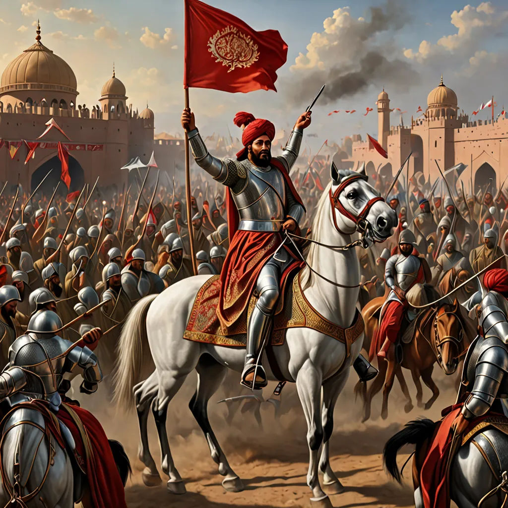 a painting of a man on a horse with a flag in his hand and a crowd of people behind him, fantasy art, a detailed painting, Altoon Sultan, highly detailed digital painting