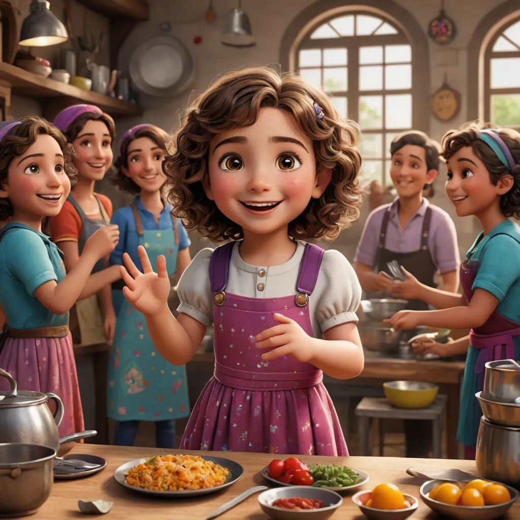 a group of children standing around a table with food on it and a woman in a pink apron holding her hand up, photorealism, concept art, Ella Guru, official art