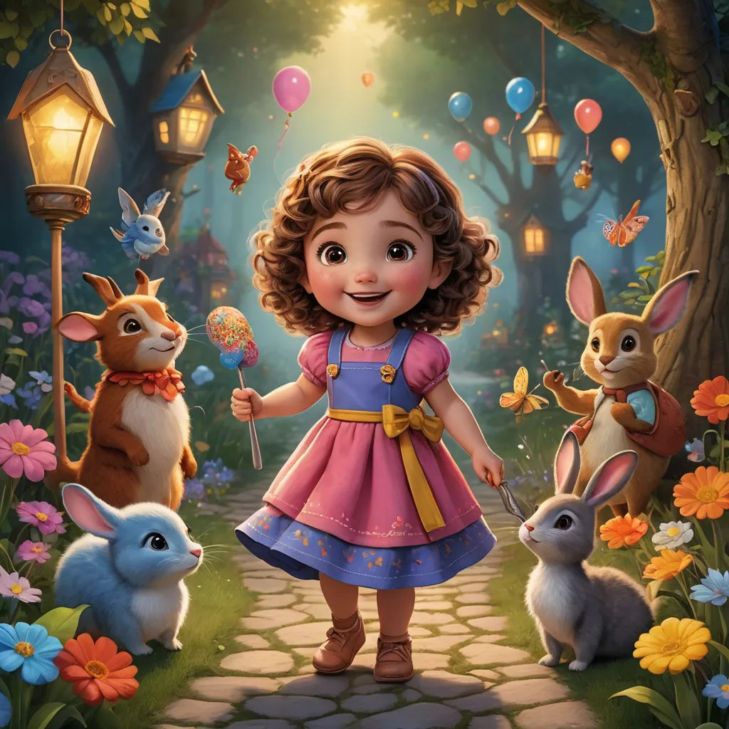 a little girl standing in a forest with rabbits and rabbits around her, holding a wand and a lantern, fantasy art, a storybook illustration, Clarice Beckett, key art