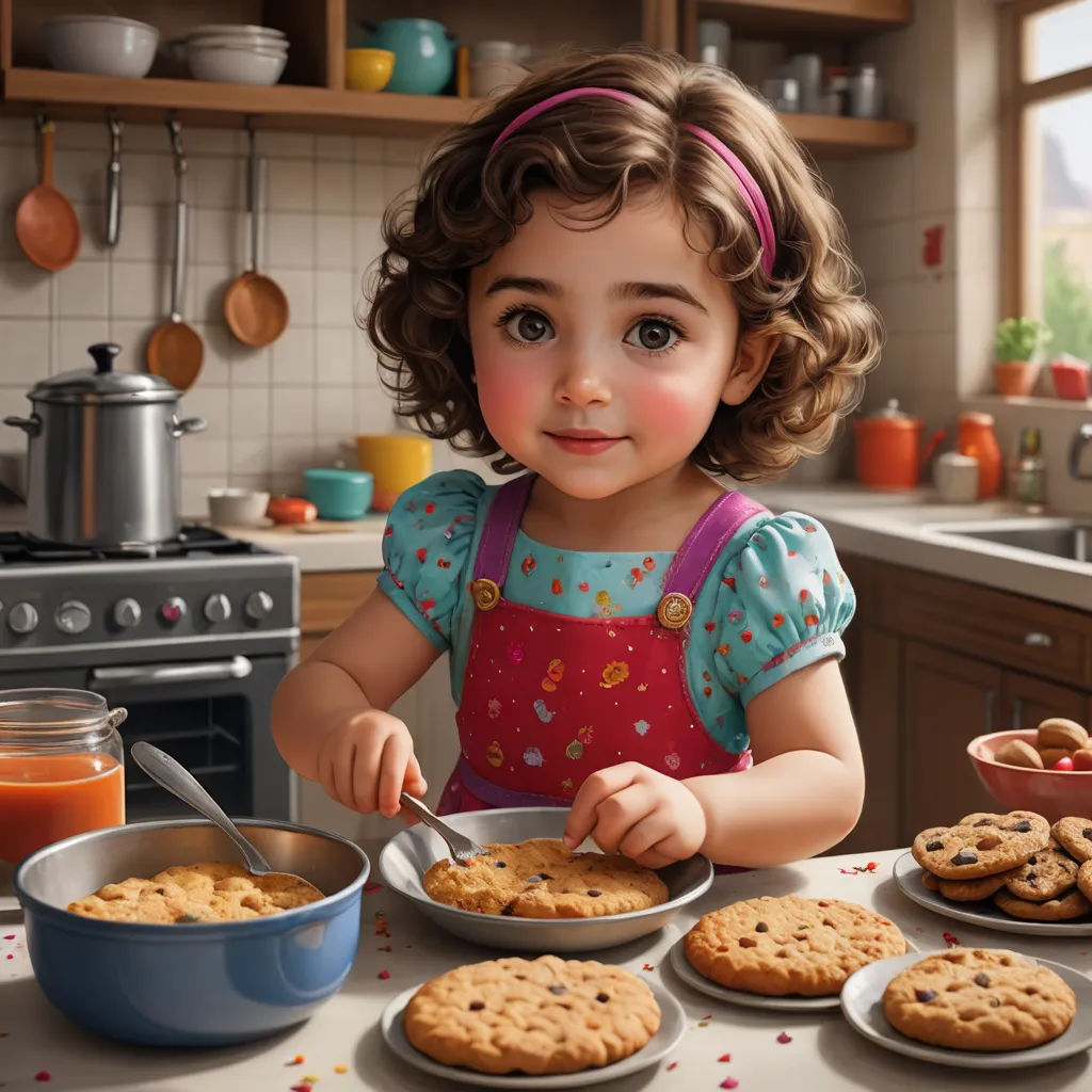 a little girl is eating cookies and making cookies in the kitchen with her hands and spoons in front of her, photorealism, a photorealistic painting, Chris LaBrooy, highly detailed digital painting