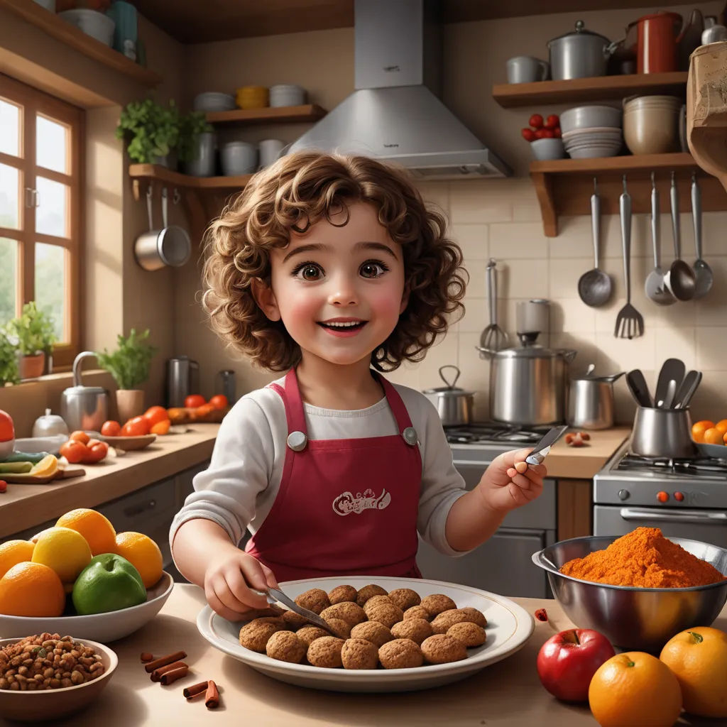 a child is holding a spoon in a kitchen with a plate of food and bowls of food on the counter, photorealism, a storybook illustration, Cliff Childs, cgstudio