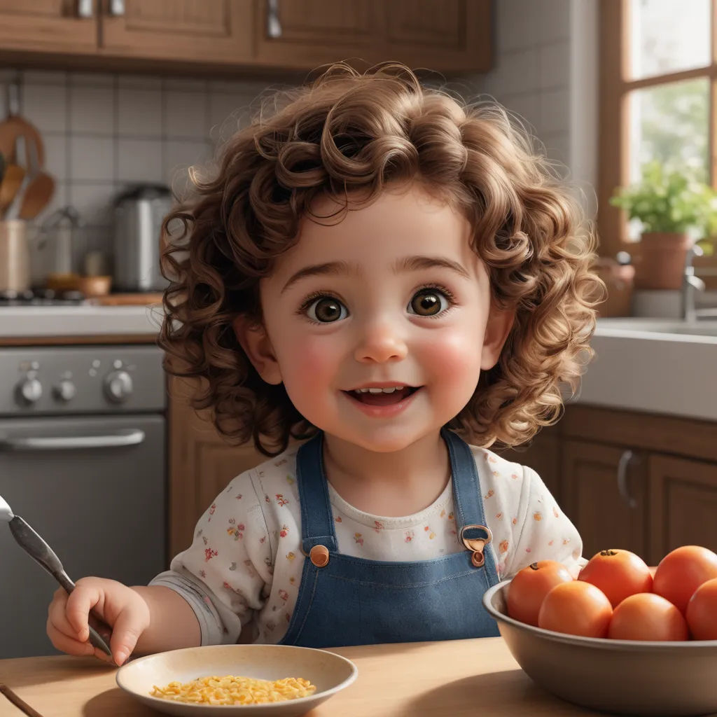 a little girl sitting at a table with a bowl of food and a fork in front of her and a bowl of tomatoes, photorealism, a photorealistic painting, Celia Fiennes, cgstudio