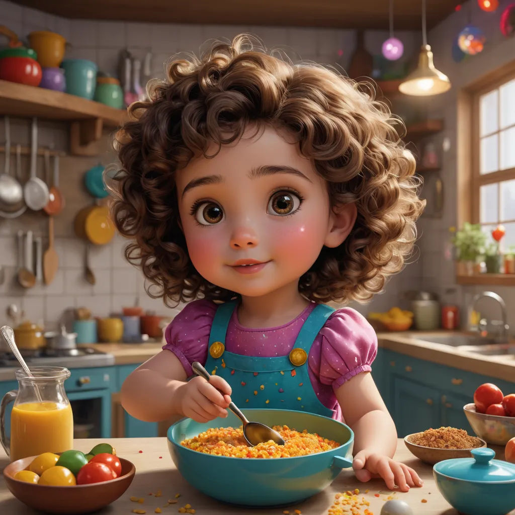 a cartoon girl eating cereal in a kitchen with a bowl of cereal and a glass of orange juice on the counter, photorealism, a photorealistic painting, Alice Prin, cgstudio