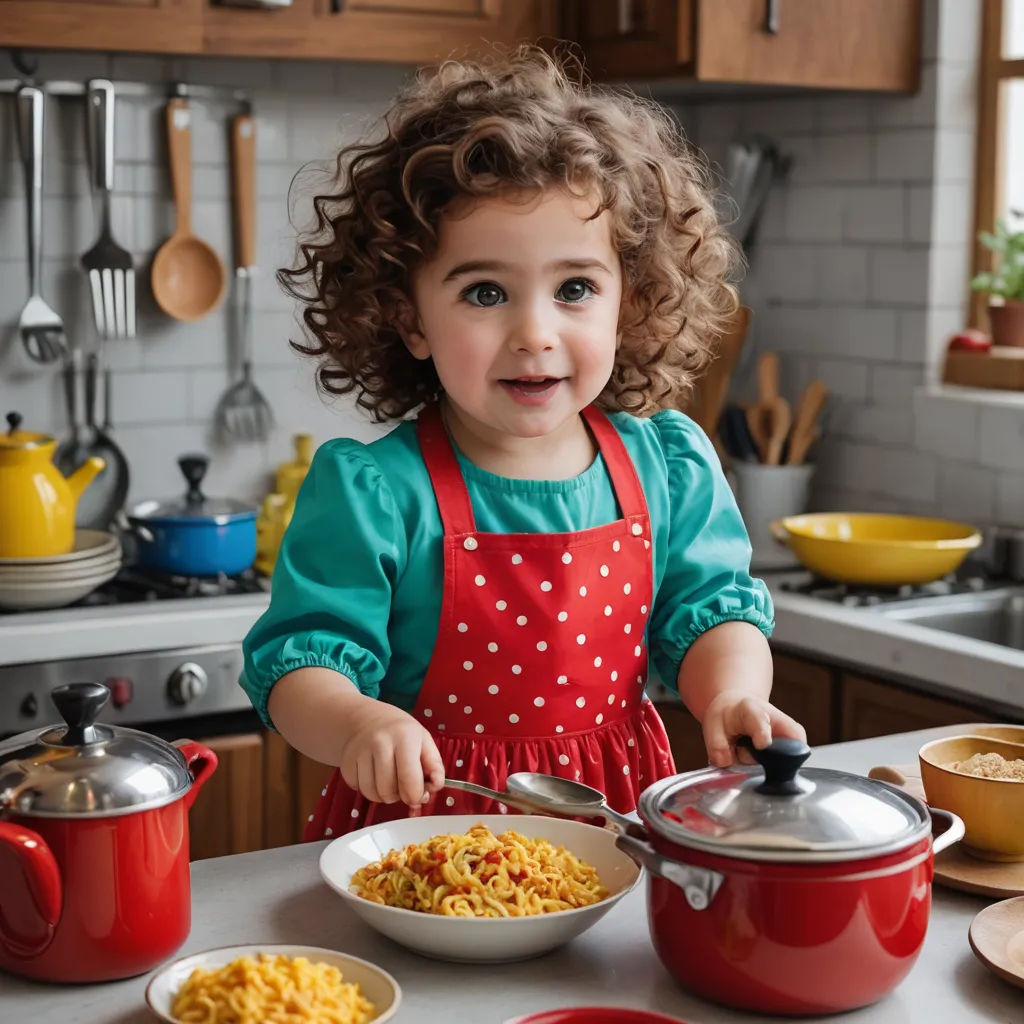 a little girl is standing in front of a table with food and a pot of noodles on it and a red pot, socialist realism, a stock photo, Elinor Proby Adams, professional food photography