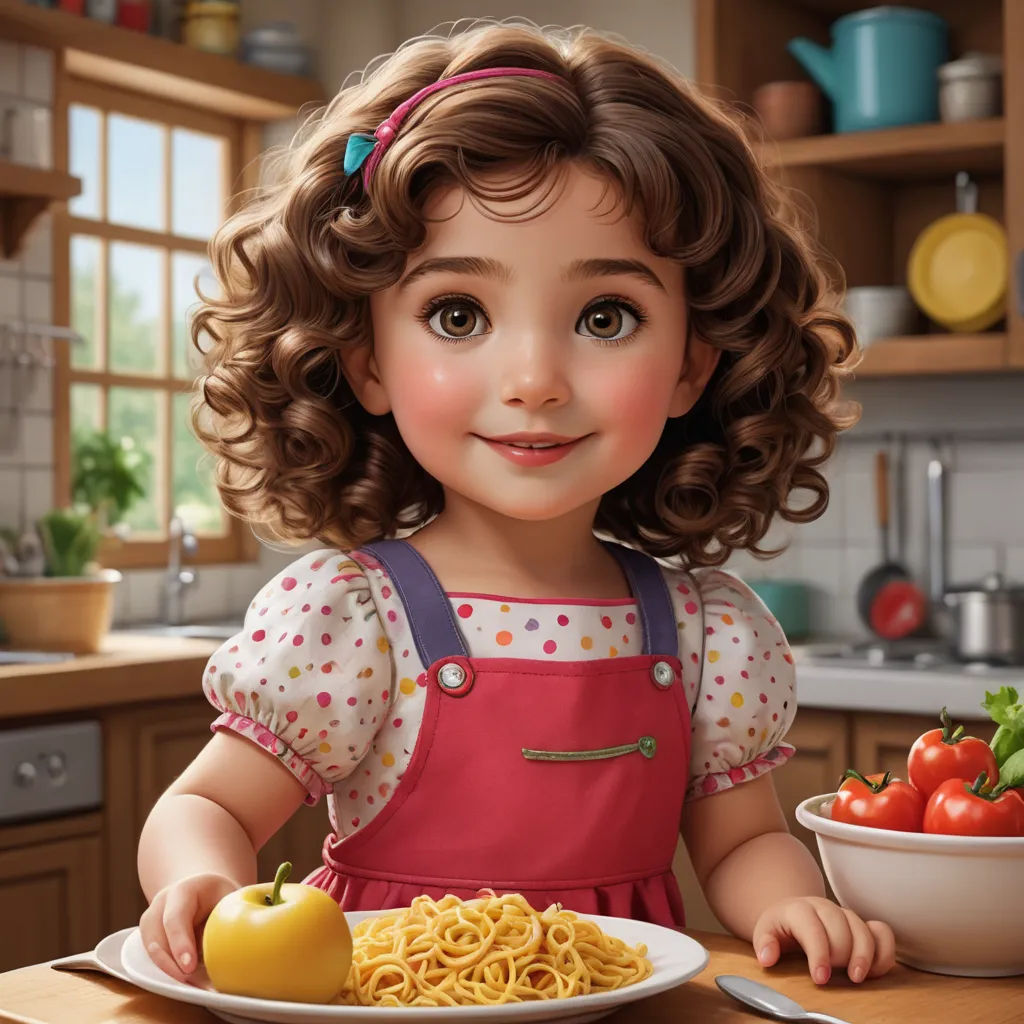 a little girl with curly hair is holding a plate of spaghetti and tomatoes in a kitchen with a bowl of tomatoes and a bowl of tomatoes, photorealism, a photorealistic painting, Alice Prin, cgstudio