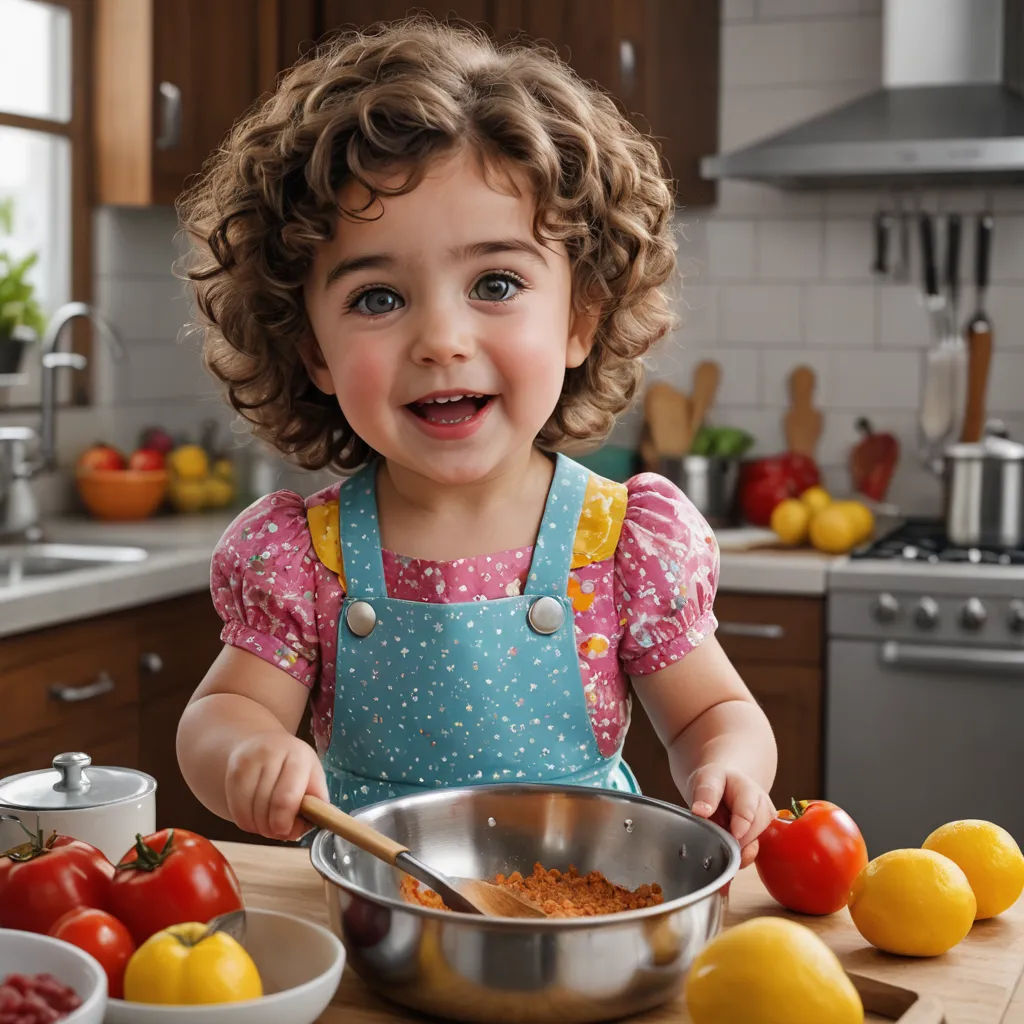 a little girl is making a mess in the kitchen with her food and vegetables on the counter top and in the background, photorealism, a stock photo, Amalia Lindegren, professional food photography
