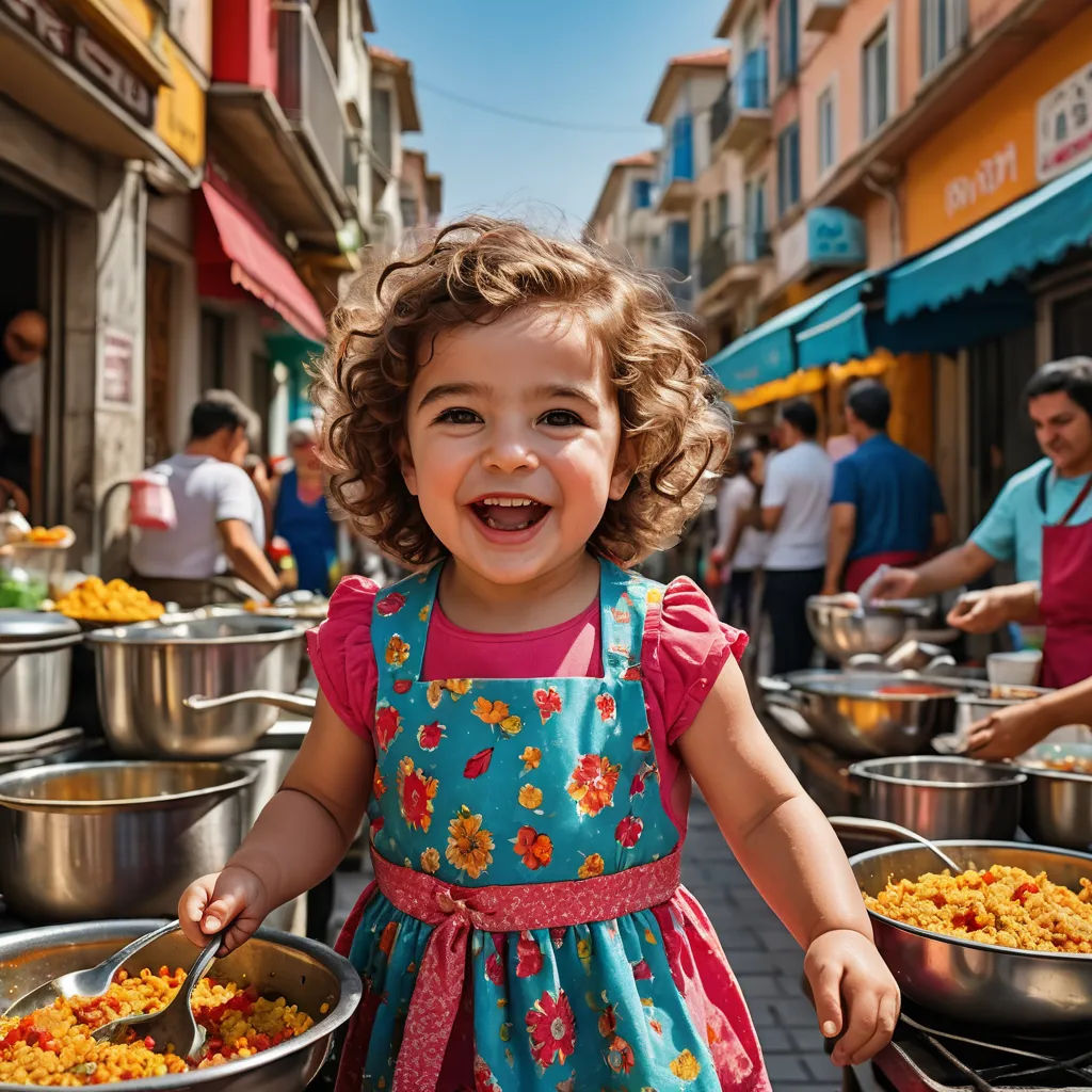 a little girl standing in front of a line of metal bowls of food with people in the background eating, art photography, a stock photo, Eric Deschamps, award - winning photography