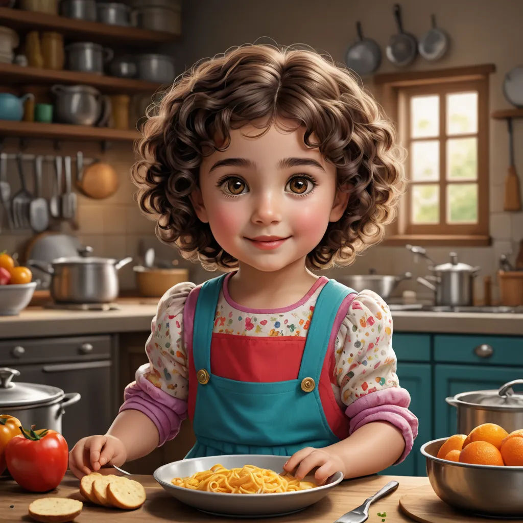 a painting of a little girl eating spaghetti in a kitchen with a bowl of tomatoes and a plate of oranges, photorealism, a storybook illustration, Chris LaBrooy, cgstudio