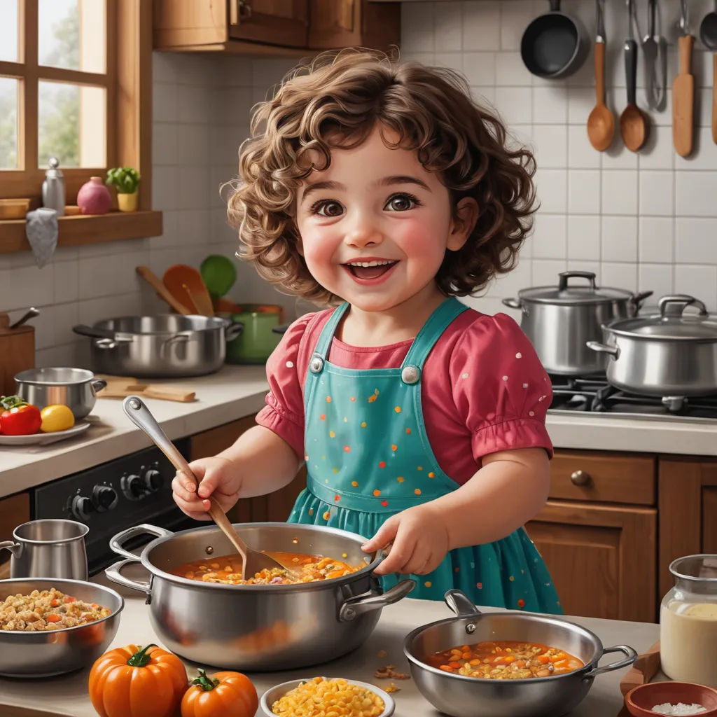 a painting of a little girl making a mess in the kitchen with her food and a spoon in her hand, photorealism, a photorealistic painting, Bob Byerley, highly detailed digital painting
