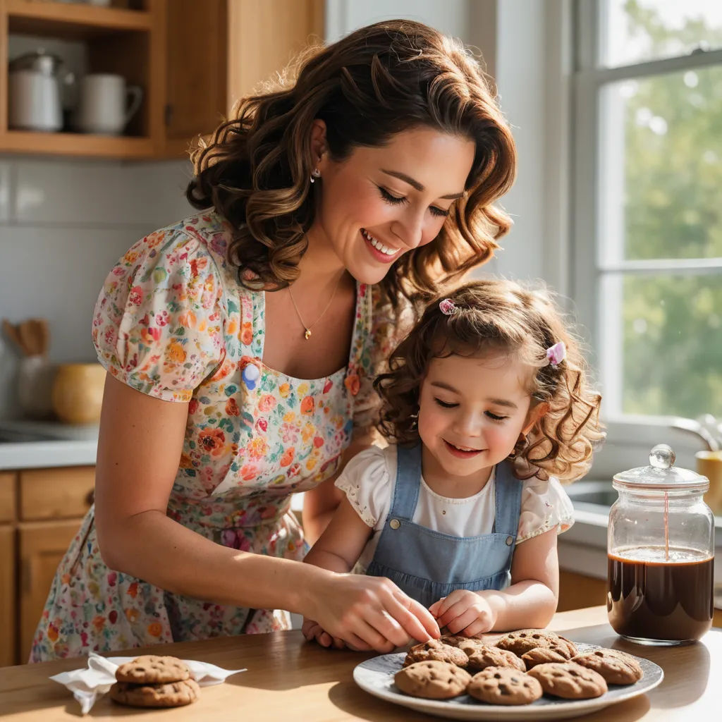 a woman and a child are making cookies together in the kitchen together, with a glass of coffee in the background, american impressionism, a stock photo, Dorothy Coke, professional food photography