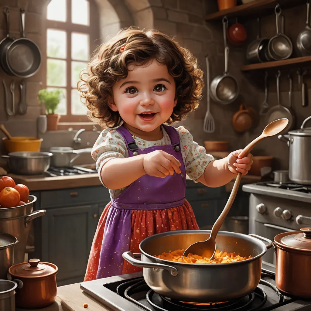 a little girl is stirring a pot of food on the stove top in the kitchen with a spoon in her hand, photorealism, a photorealistic painting, Alejandro Burdisio, highly detailed digital painting