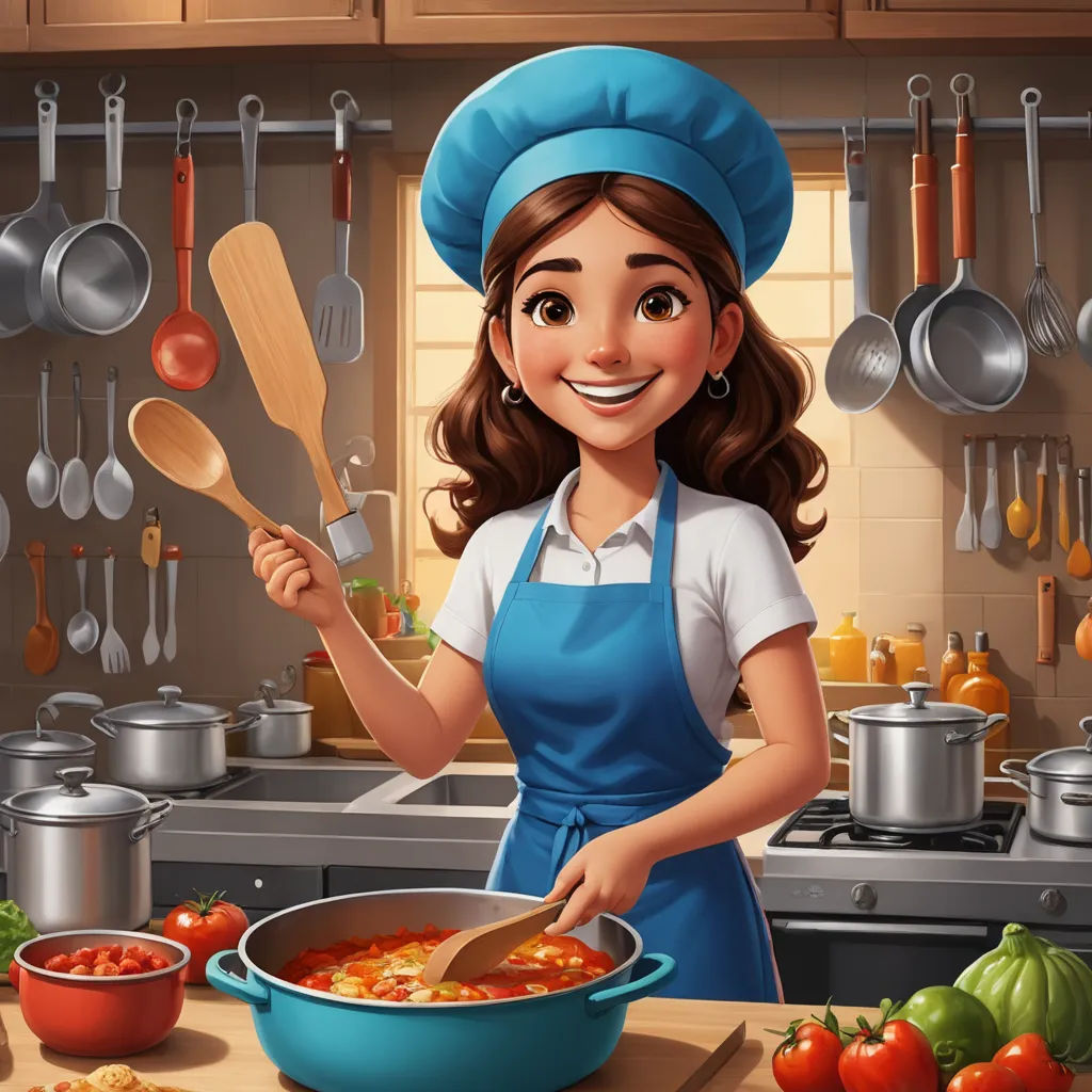a woman cooking in a kitchen with a pot and pan on the counter and a wooden spoon in her hand, sots art, a character portrait, Alejandro Burdisio, character art