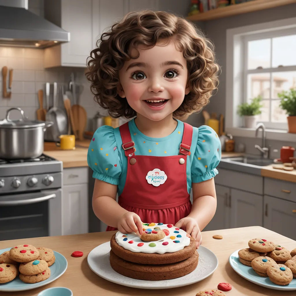a little girl standing in front of a cake and cookies on a table with a plate of cookies on it, photorealism, a photorealistic painting, Chris LaBrooy, highly detailed digital painting