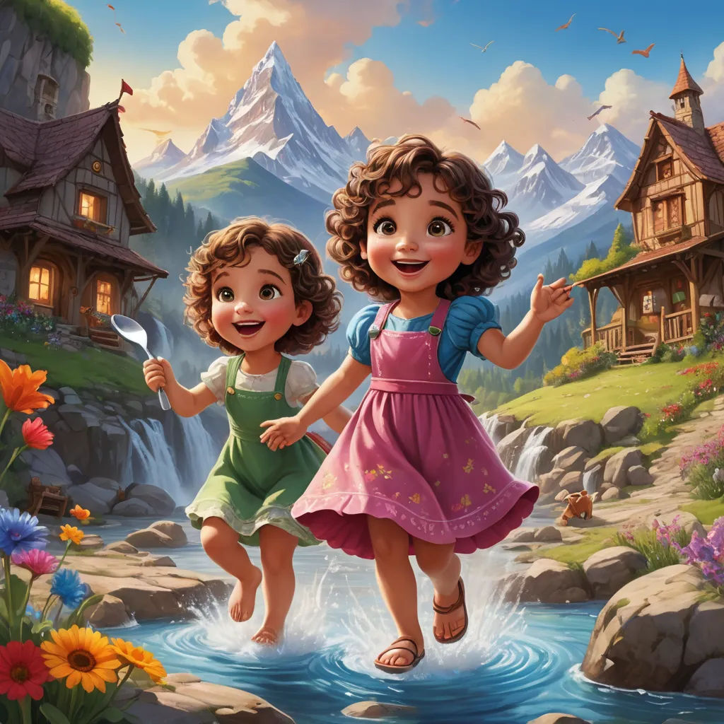 a couple of kids are playing in a stream of water near a house and mountains with flowers on the ground, fantasy art, a storybook illustration, Brothers Hildebrandt, trending on art station