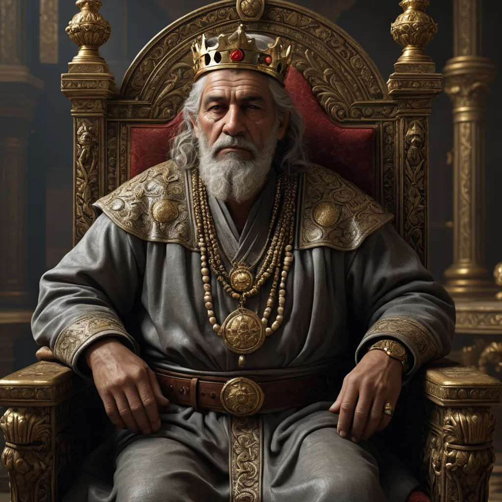 a man in a crown sitting on a throne with a chain around his neck and a chain around his neck, photorealism, computer graphics, Artur Tarnowski, weta digital