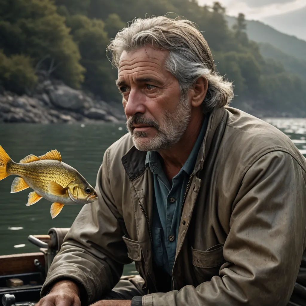 a man sitting in a boat with a fish in his hand and a mountain in the background with trees, photorealism, a stock photo, Breyten Breytenbach, cinematic photography