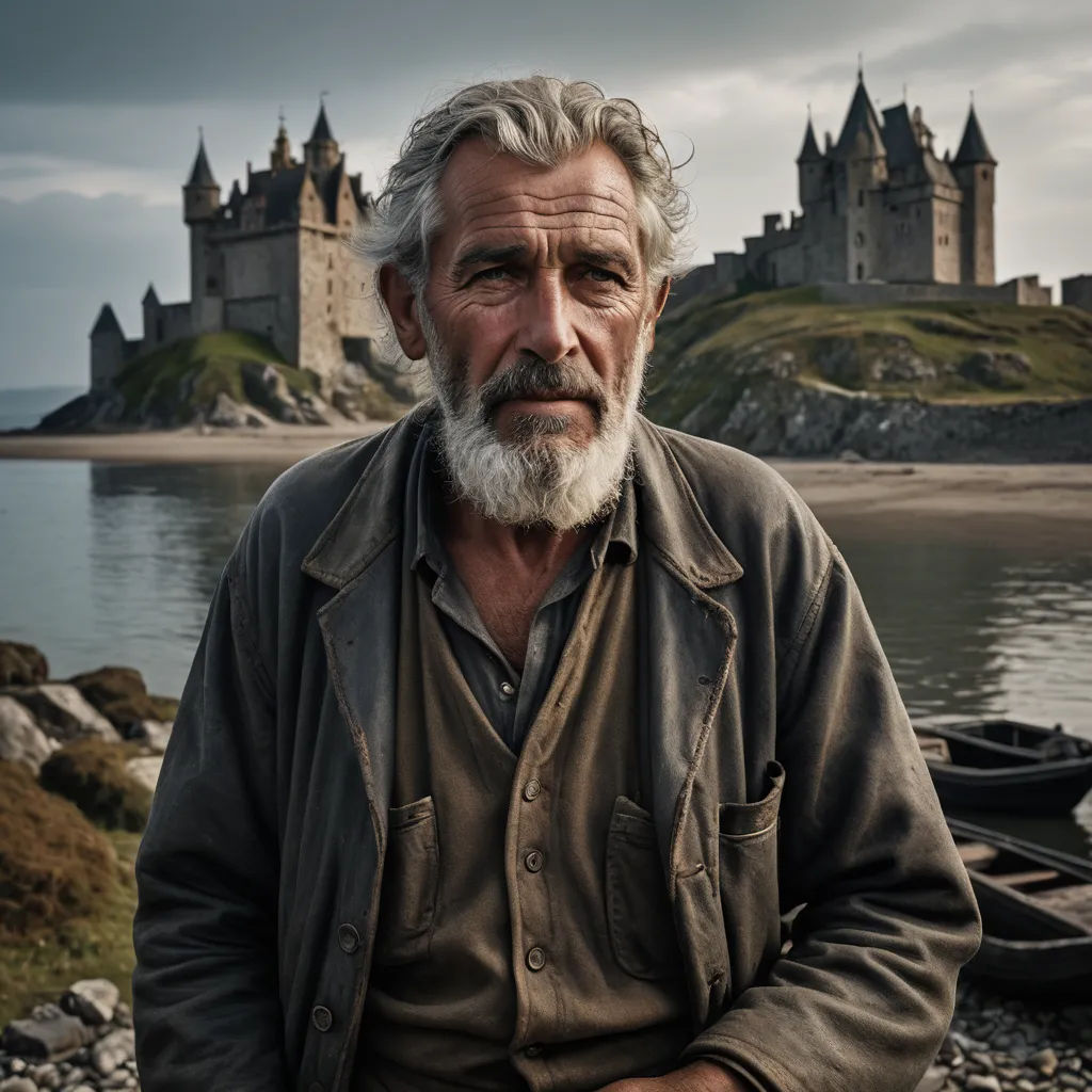 a man with a beard and a beard standing in front of a castle on a lake with a boat in the water, romanesque, a character portrait, Andrei Rublev, cinematic photography