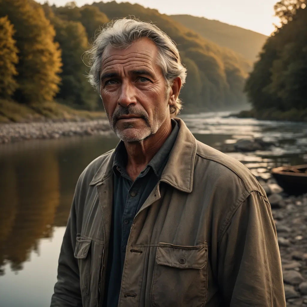 a man standing next to a river with a boat in the background and trees in the background, with a mountain in the background, neoplasticism, a character portrait, Breyten Breytenbach, cinematic photography