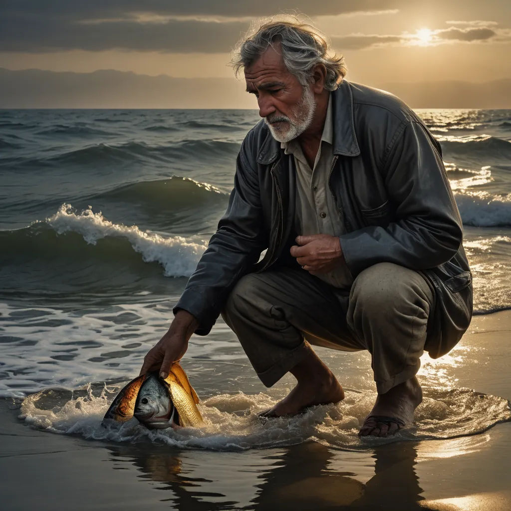 a man kneeling down to pick up a fish from the water at the beach at sunset or sunrise time, art photography, a photorealistic painting, Constantine Andreou, cinematic photography