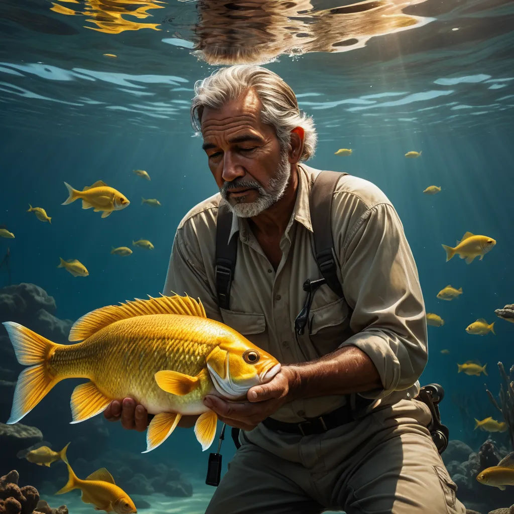 a man holding a fish in his hand while standing under water with other fish in the background and sunlight streaming through the water, art photography, a photorealistic painting, Cliff Childs, cinematic photography