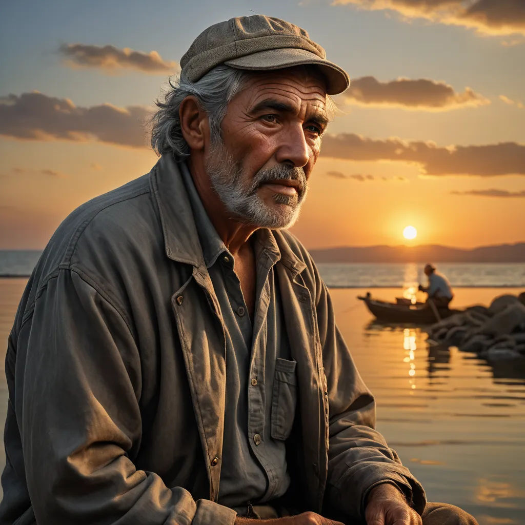 a man sitting on a rock in the water at sunset with a boat in the background and a person in the distance, art photography, a character portrait, Arthur Sarkissian, cinematic photography