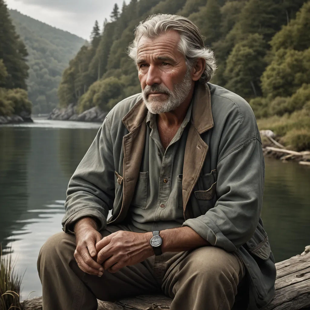 a man sitting on a log next to a lake with a forest in the background and a mountain in the distance, naturalism, a character portrait, Cliff Childs, promotional image
