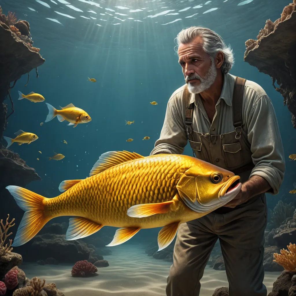 a man holding a fish in a painting of a fish in a sea with a man in the background, magic realism, computer graphics, Cliff Childs, highly detailed digital painting