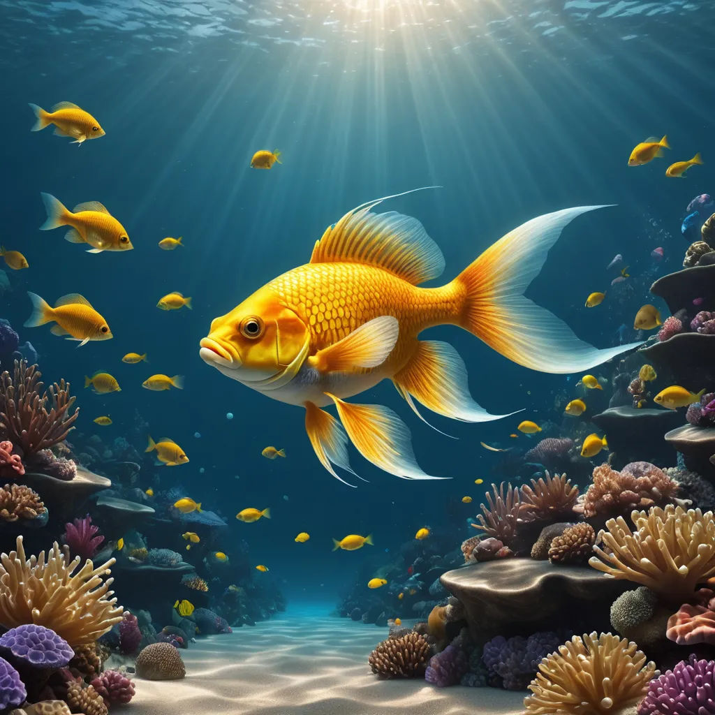 a painting of a goldfish swimming in a coral reef with other fish in the background and sunlight shining through the water, computer art, computer graphics, Aquirax Uno, underwater
