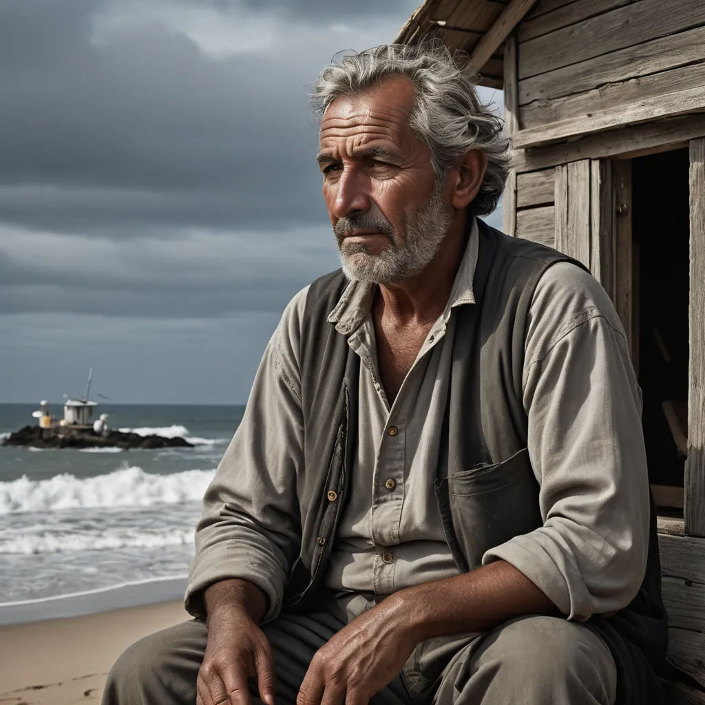 a man sitting on a beach next to a boat in the ocean and a boat in the water behind him, art photography, a character portrait, Breyten Breytenbach, promotional image