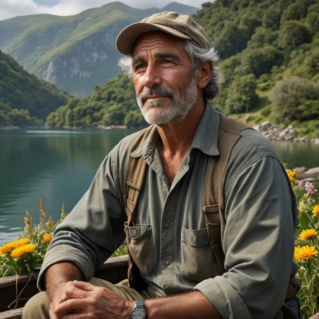 a man sitting on a boat in a lake with mountains in the background and flowers in the foreground, environmental art, a character portrait, Don Arday, promotional image