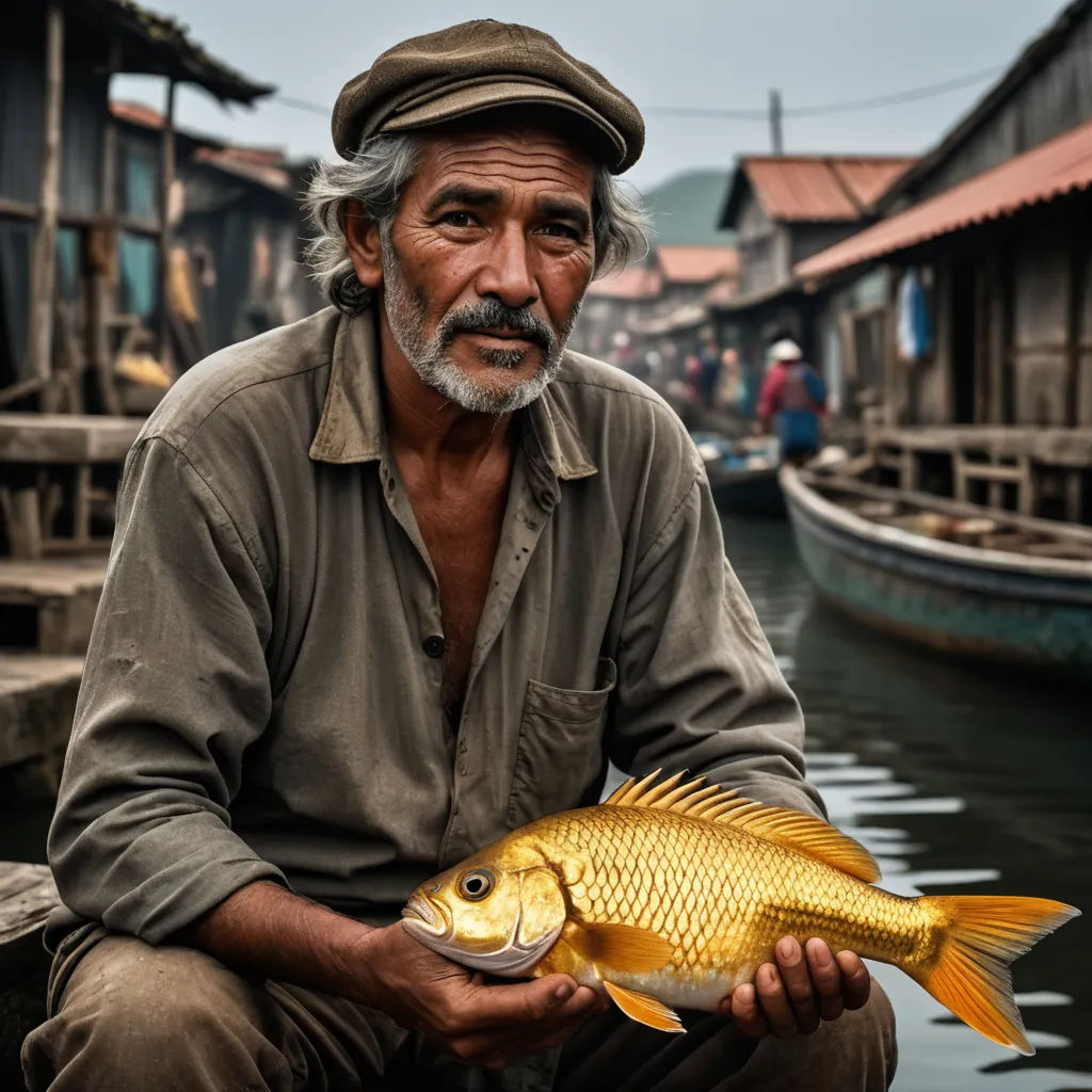 a man sitting on a boat holding a fish in his hands and a fishing pole in the background with a house on the water, art photography, a stock photo, Colin Gill, portrait photography