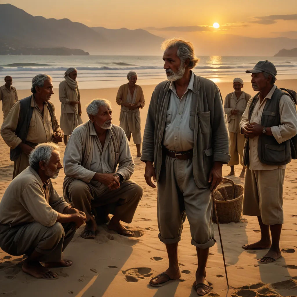 a group of men standing on top of a sandy beach next to the ocean at sunset with a basket of food, hurufiyya, a poster, Fikret Muallâ Saygı, cinematic photography