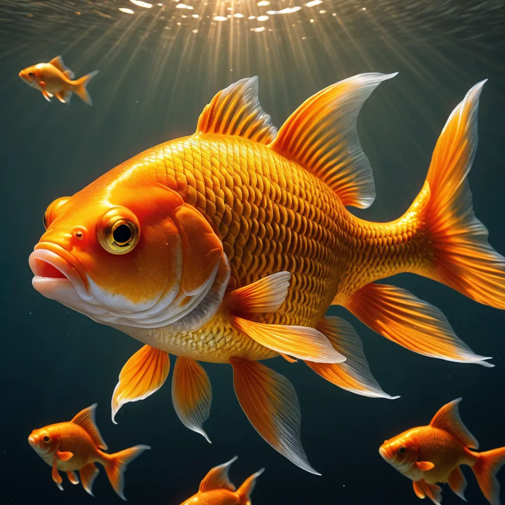 a group of gold fish swimming in a pond with a sun shining down on them and a few fish swimming around, magic realism, computer graphics, Chippy, lostfish