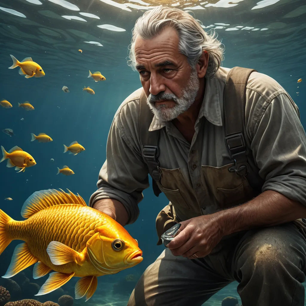 a man kneeling down next to a fish in the water with a fish in his hand and a fish in his mouth, photorealism, a photorealistic painting, Cliff Childs, cinematic photography