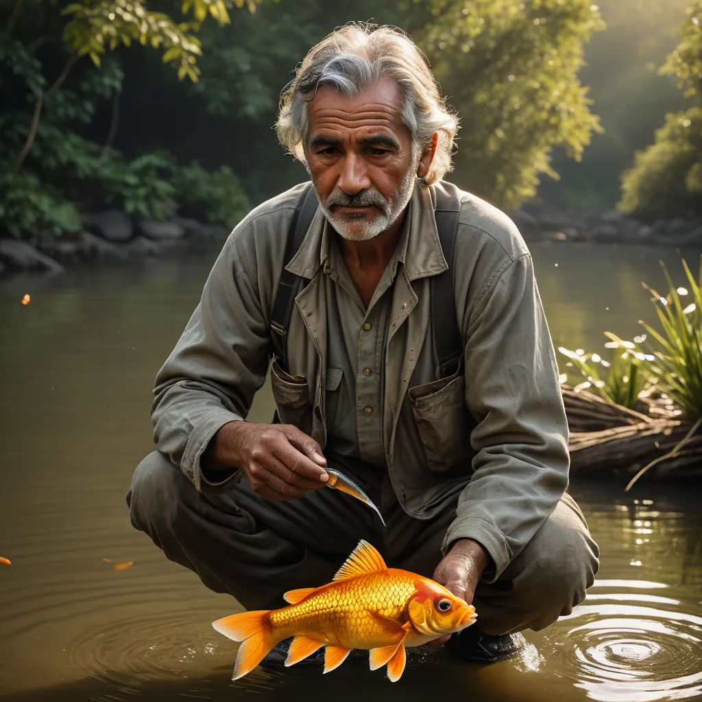 a man kneeling down to a goldfish in a river with a fishing hook in his hand and a fish in his mouth, art photography, a stock photo, Colin Gill, cinematic photography