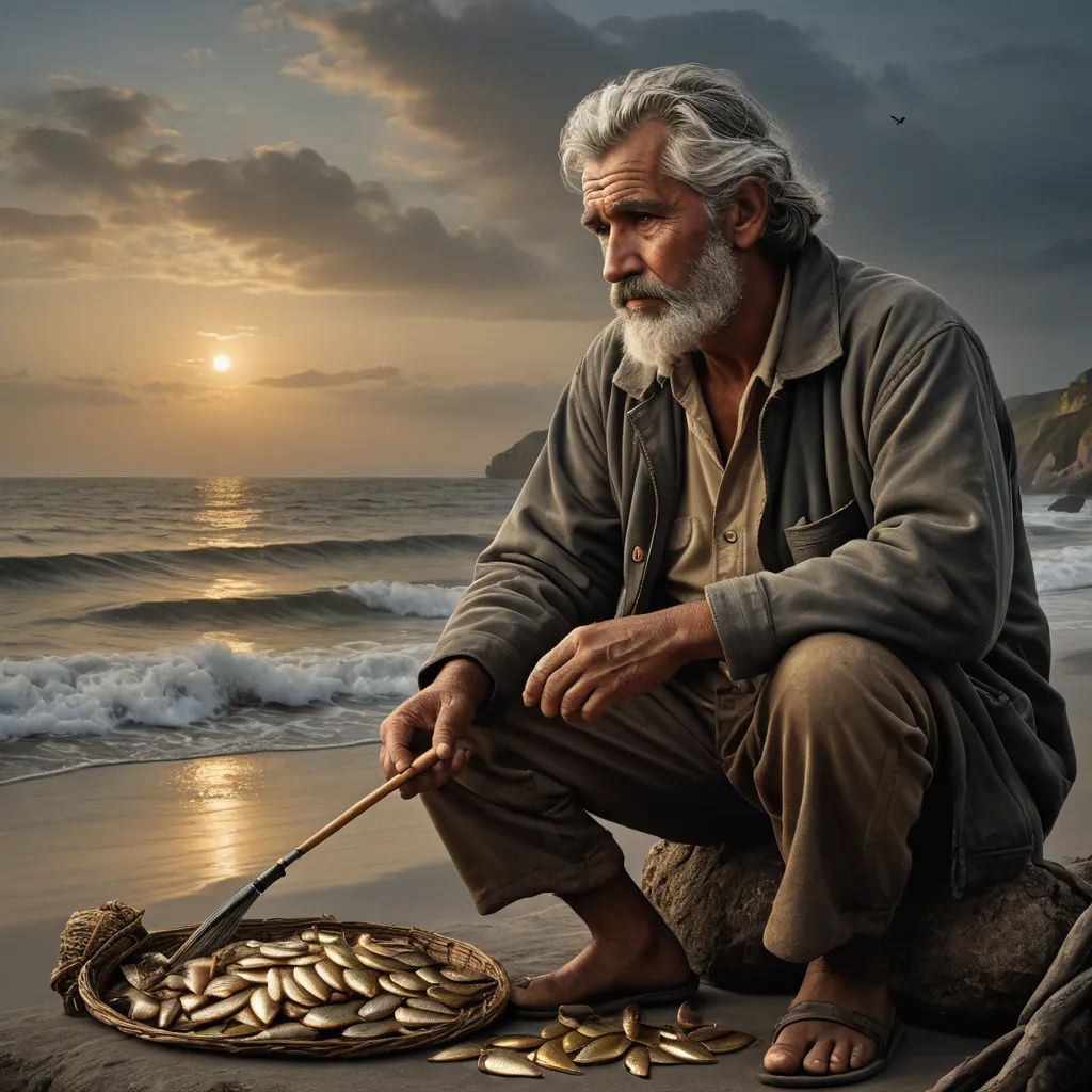 a man sitting on a rock with a tray of gold coins on the beach next to him and a knife in his hand, figurative art, a photorealistic painting, Annie Leibovitz, cinematic photography