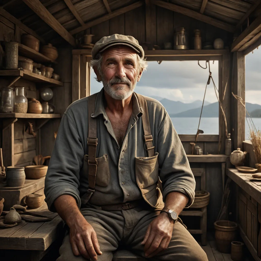 a man sitting on a bench in a room with a window and a view of the water and mountains, arts and crafts movement, a character portrait, Colin Gill, cinematic photography