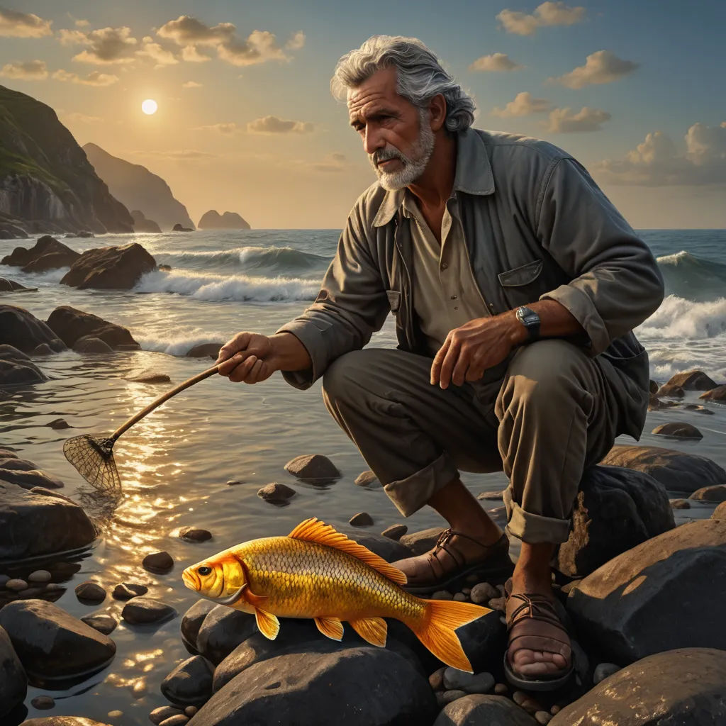 a man is fishing a fish on the rocks by the water with a fishing rod in his hand and a fish in the water, magic realism, a photorealistic painting, Cliff Childs, highly detailed digital painting