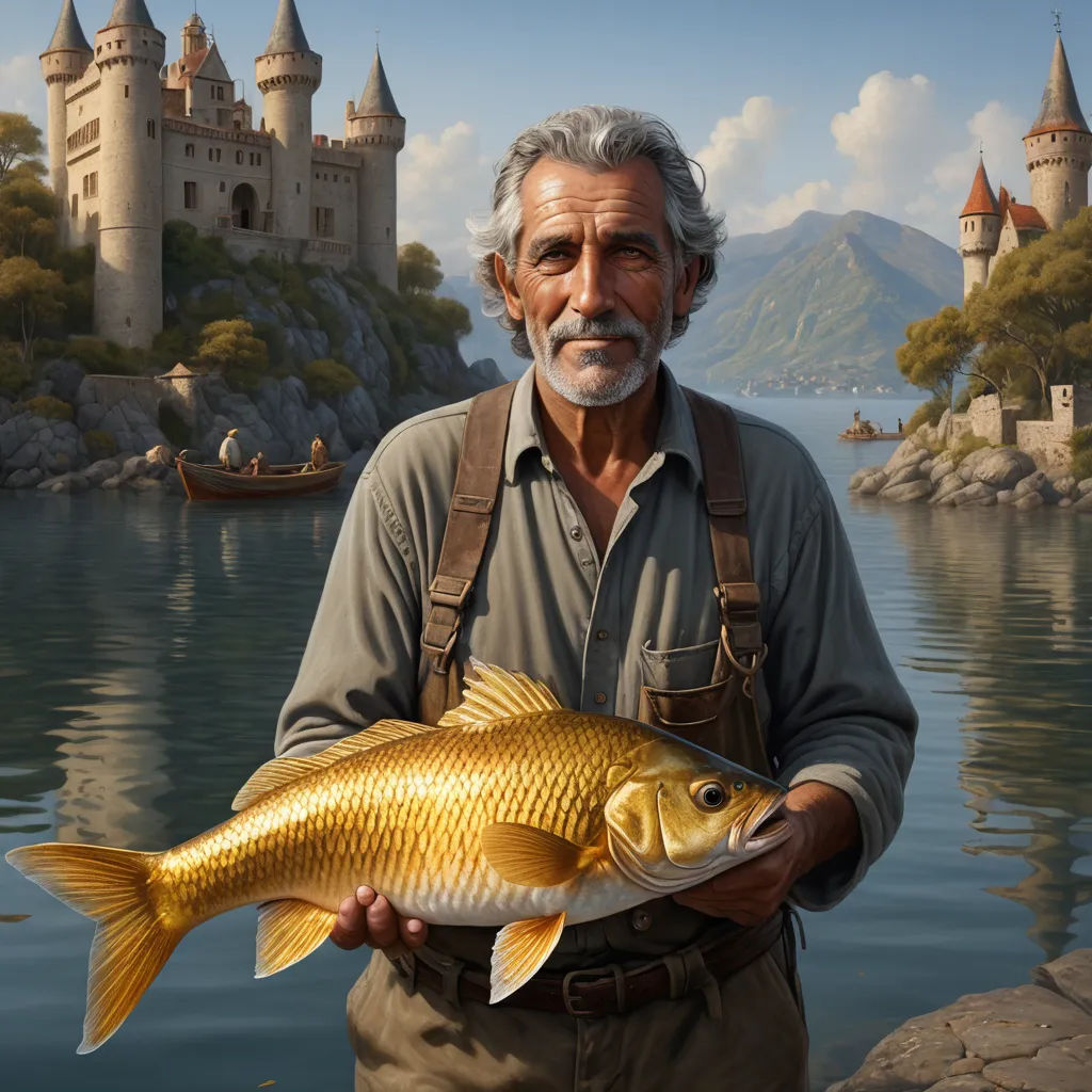 a man holding a fish in front of a castle like building with a lake in front of it and a boat in the background, fantasy art, a hyperrealistic painting, Christophe Vacher, highly detailed digital painting