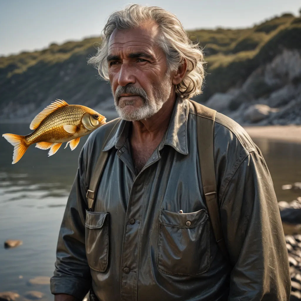 a man holding a fish in his hand and looking at the camera with a smile on his face and a mountain in the background, massurrealism, a stock photo, Breyten Breytenbach, cinematic photography