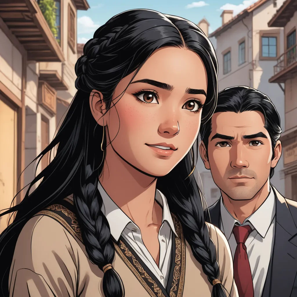 a man and a woman standing in front of a building with a street in the background and a building with a clock on it, serial art, a character portrait, Araceli Gilbert, key art