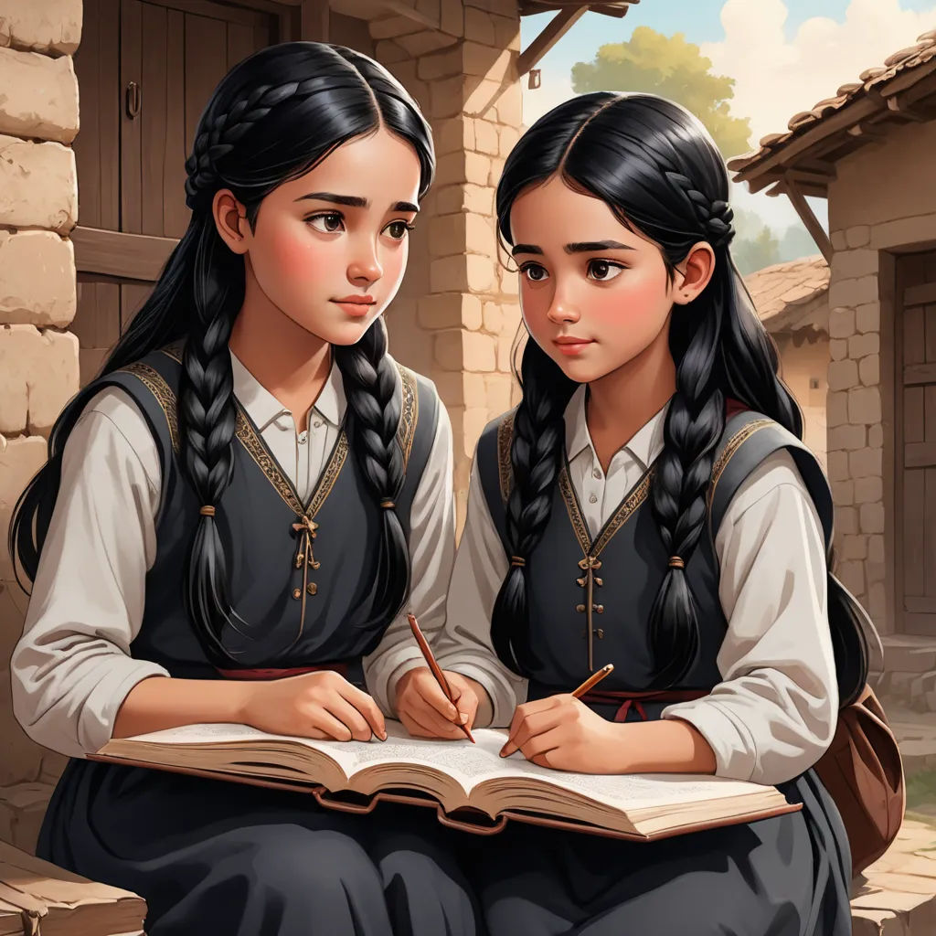 two girls sitting on a bench writing in a book together, with a village in the background and a stone building, fantasy art, a storybook illustration, Artgerm, trending on art station