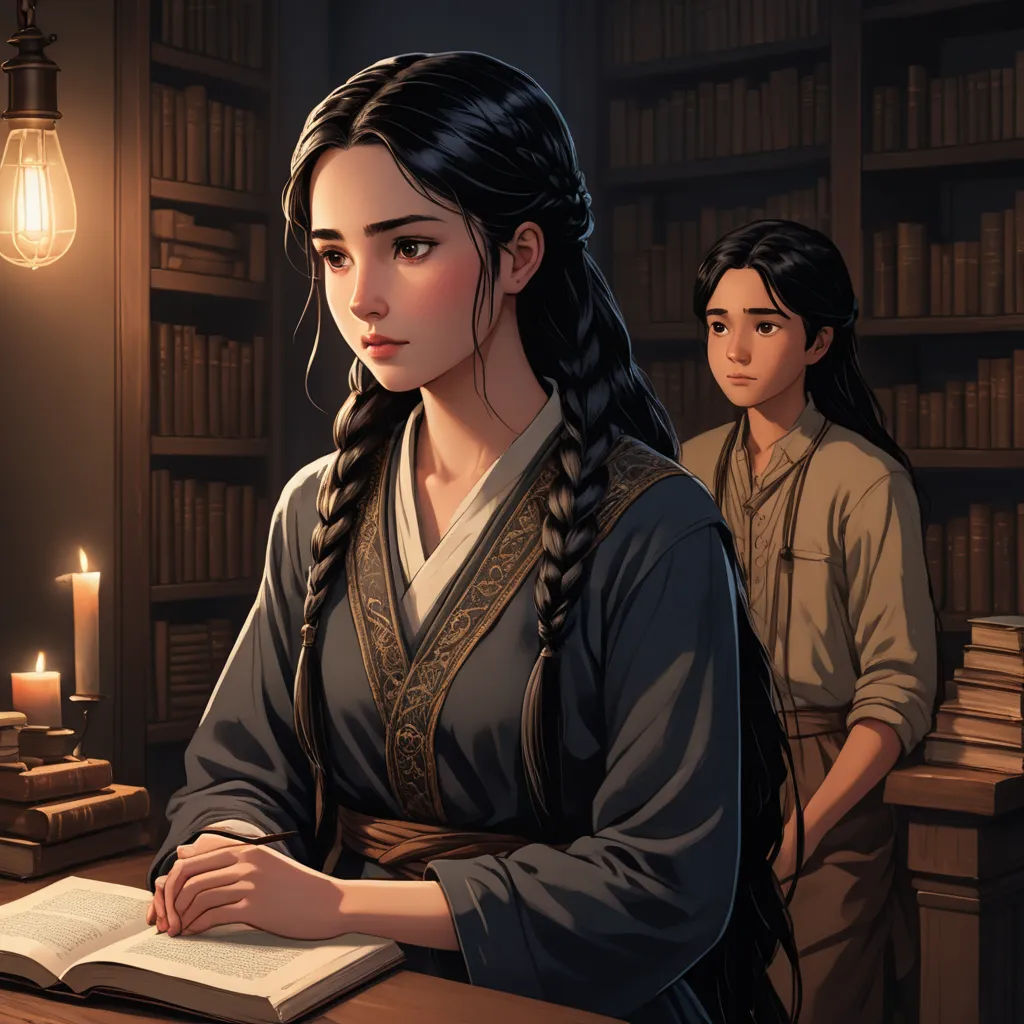 a woman sitting at a table with a book in front of her and a man standing behind her in a library, fantasy art, a storybook illustration, Chen Lin, fantasy illustration