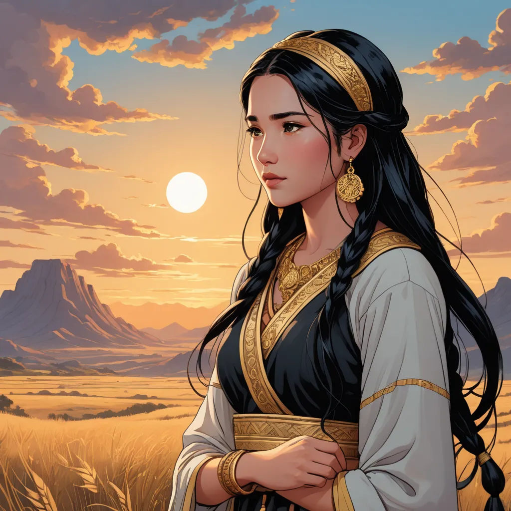 a woman in a dress standing in a field with a sunset in the background and mountains in the background, fantasy art, a character portrait, Chen Hong, rossdraws global illumination