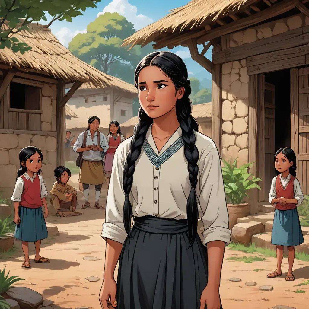 a cartoon of a girl standing in front of a village with other people around her and a man standing in front of her, american scene painting, a comic book panel, Araceli Gilbert, official art