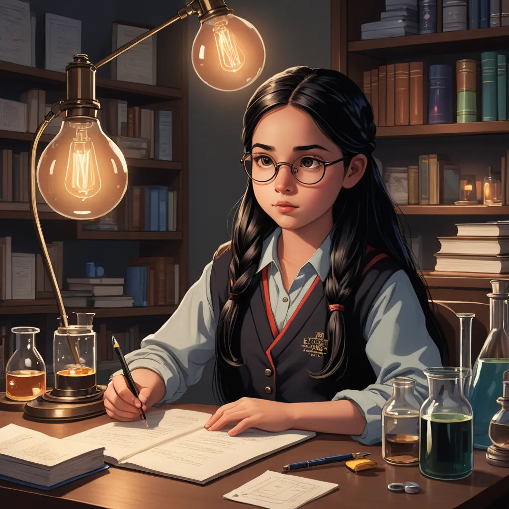 a girl sitting at a desk with a book and a lamp on it, writing a book in a library, academic art, computer graphics, Artgerm, rossdraws global illumination