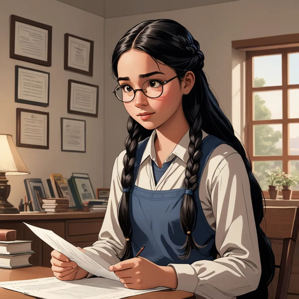 a girl sitting at a desk with a book and pen in her hand and a book in her other hand, serial art, a character portrait, Ada Gladys Killins, official art