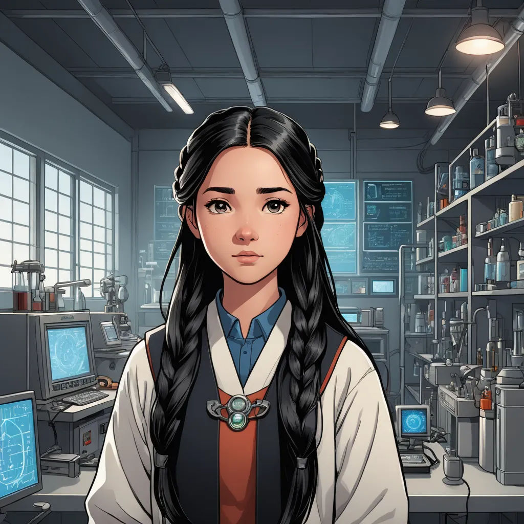 a woman in a lab with a computer and a monitor on the desk and shelves full of books and other items, sots art, a character portrait, Choi Buk, character portrait