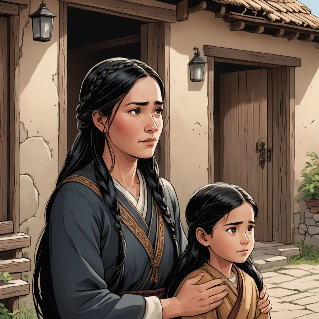 a woman holding a child in front of a house with a door and a window on the side of it, fantasy art, a comic book panel, Byeon Sang-byeok, comic cover art
